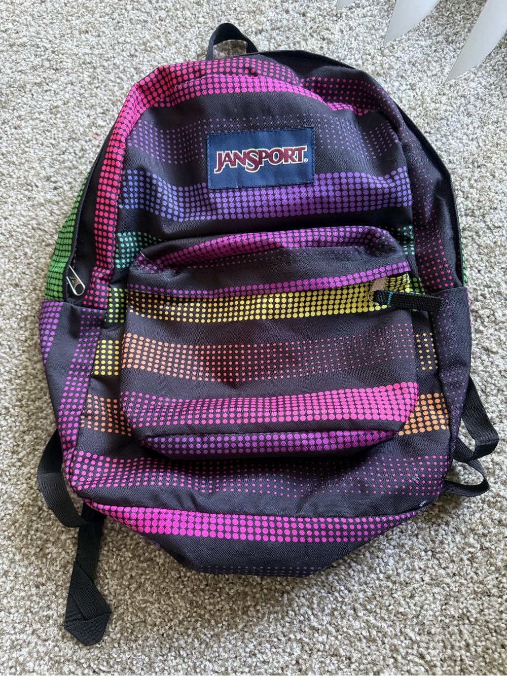 Jansport Black Backpack with Rainbow Dot-Stripe Pattern